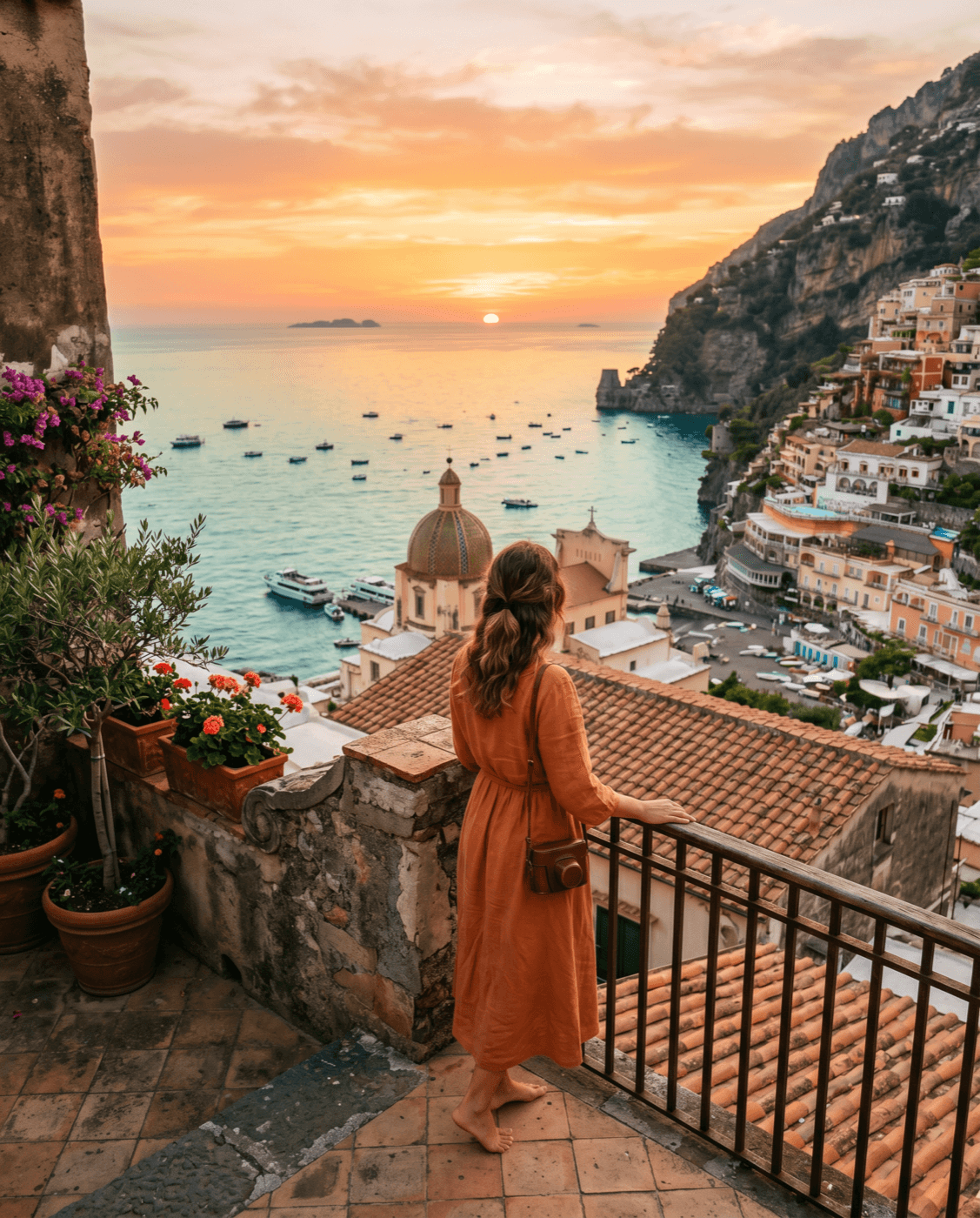 A traveler watching the sunset over a coastal town