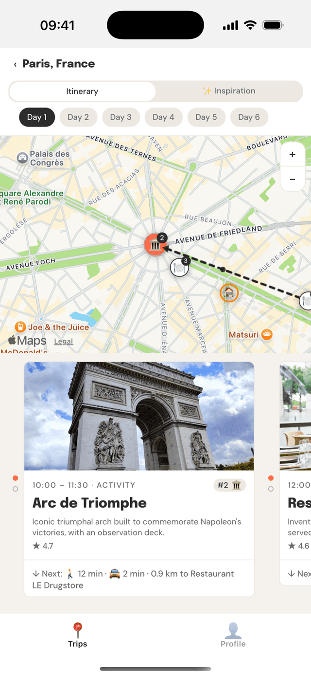 Wayfaro itinerary preview screen for a multi-day trip