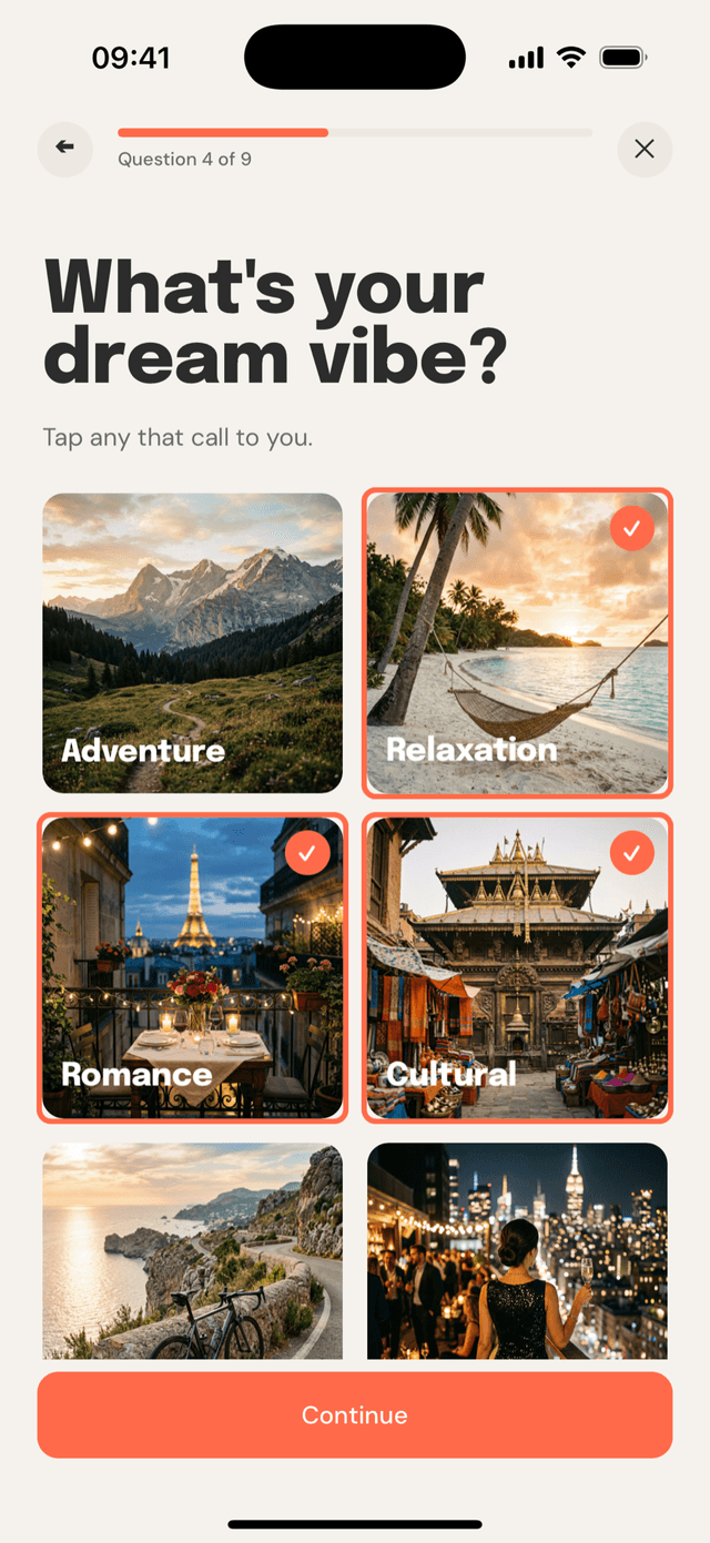 Wayfaro vibe selection screen with a grid of travel-style options